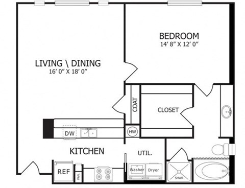 Floor plan for 1 bed, 1 bath, 819 sqft
